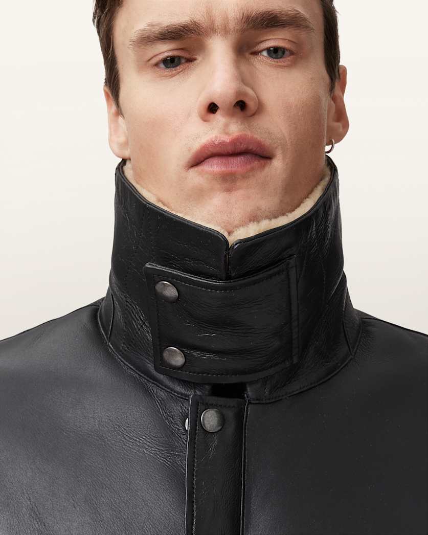 Original Shearling Leather Coat – Black with Sand Collar | Cowskin Jackets