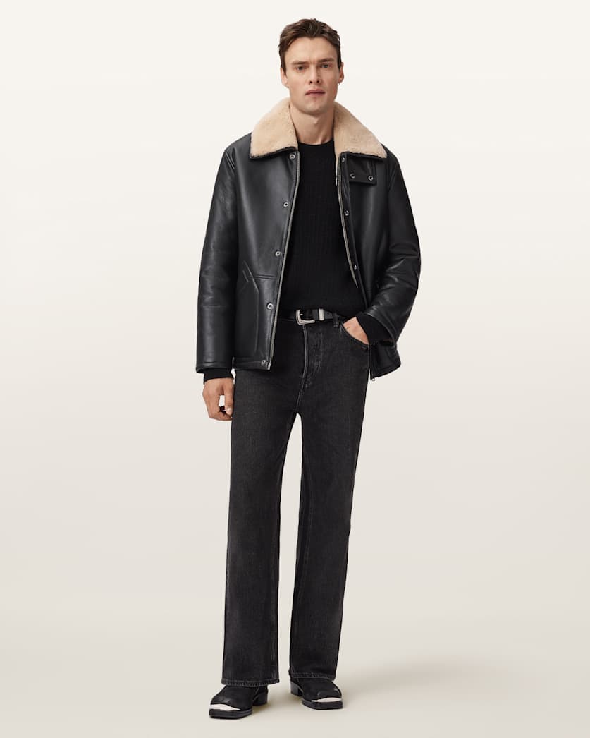 Original Shearling Leather Coat – Black with Sand Collar | Cowskin Jackets