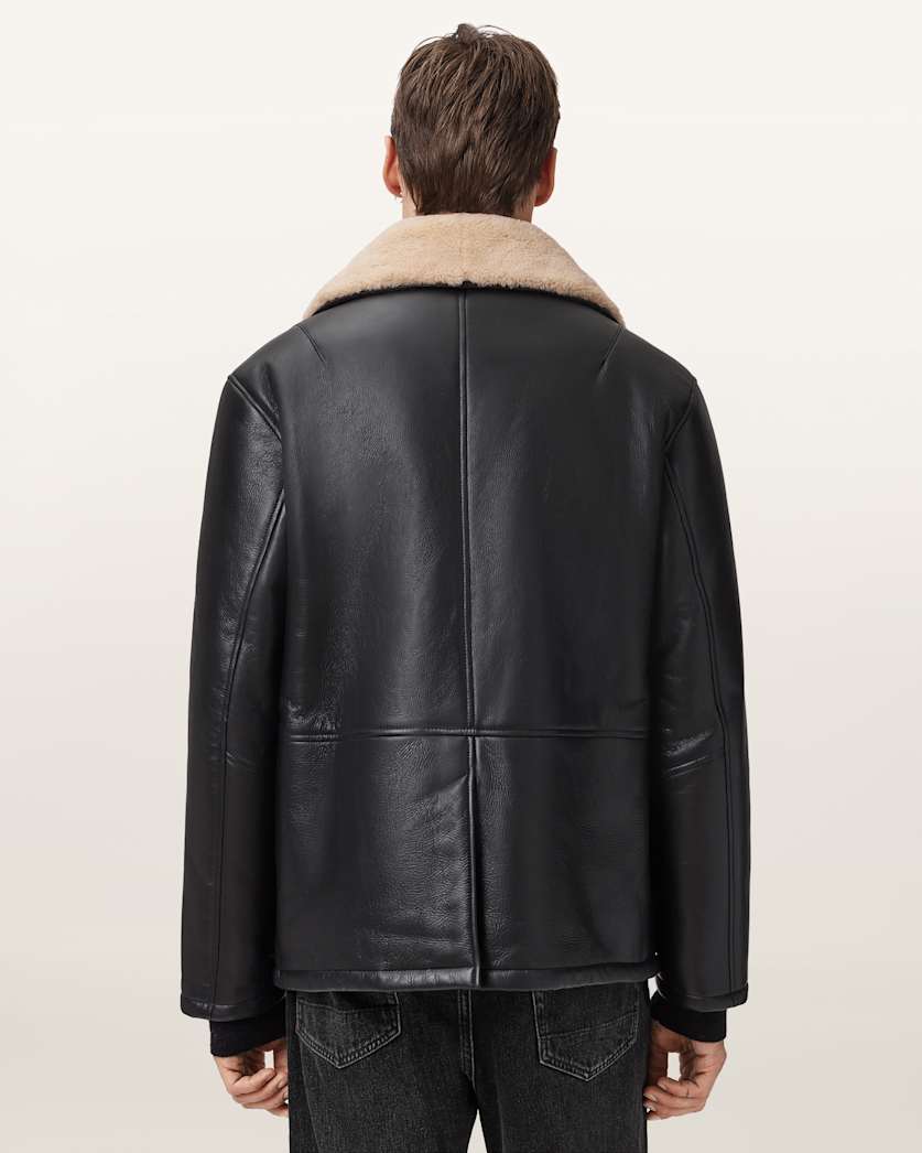 Original Shearling Leather Coat – Black with Sand Collar | Cowskin Jackets