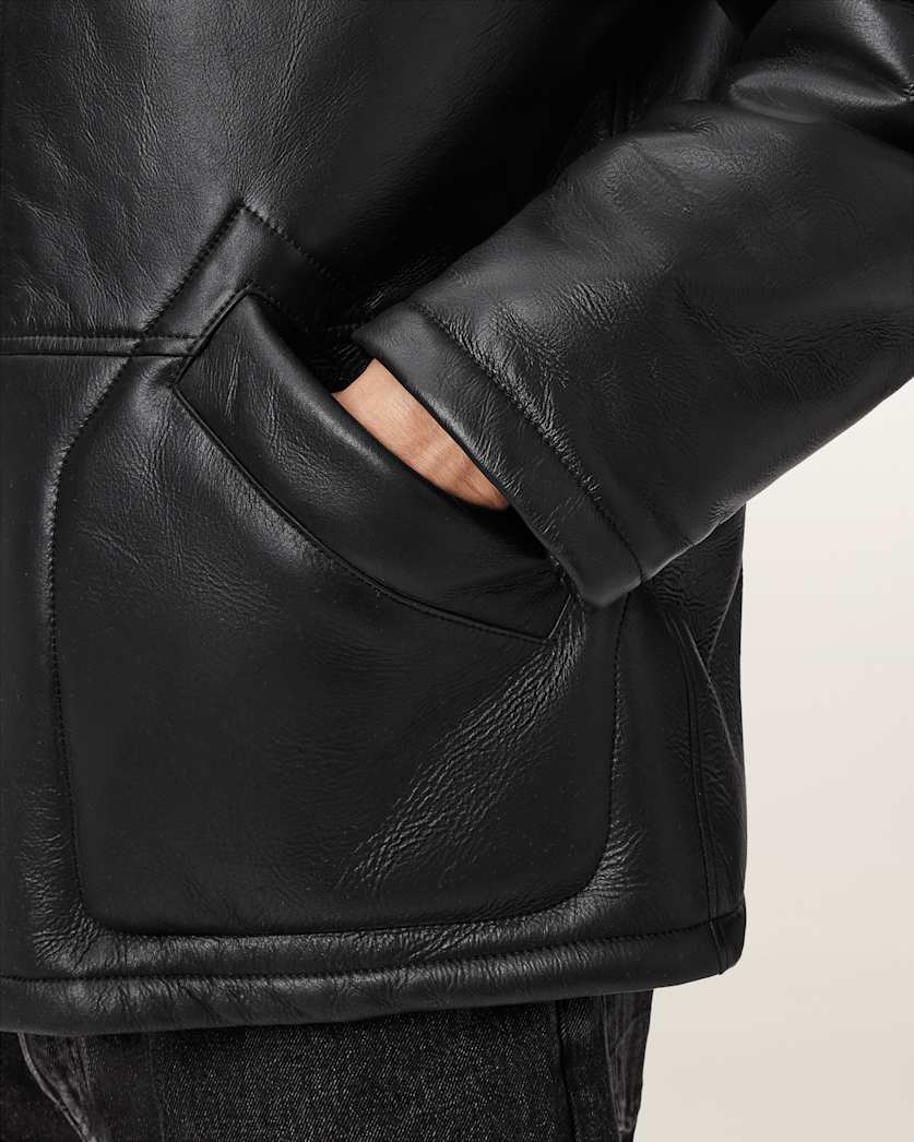 Original Shearling Leather Coat – Black with Sand Collar | Cowskin Jackets