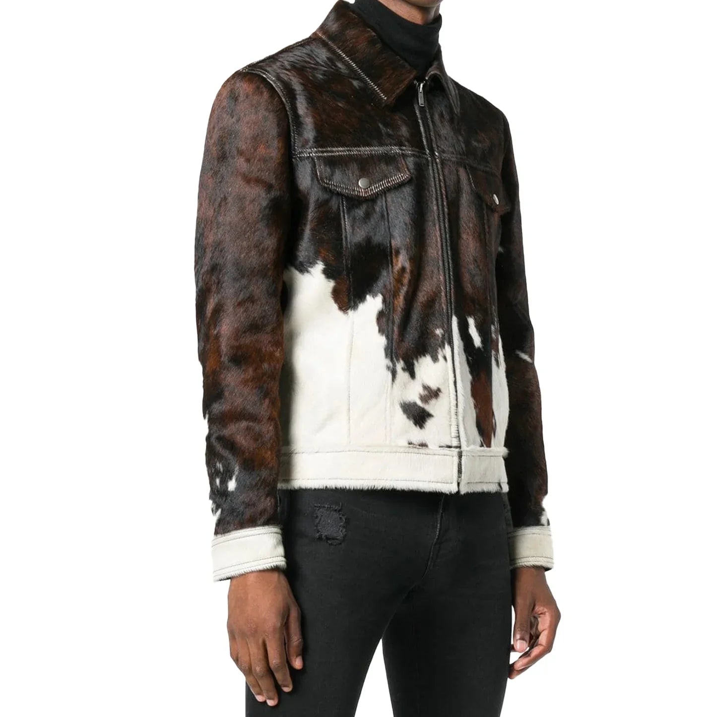 Stylish man posing in a Genuine Pony Skin Leather Jacket, showcasing the rugged cowhide biker style tailored for motorcyclists.