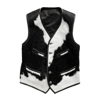 Men’s Black & White Animal Print Cowhide Leather Vest Durable & Stylish