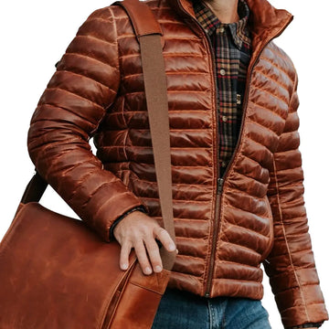 Men's Real Lambskin Brown Puffer Leather Jacket