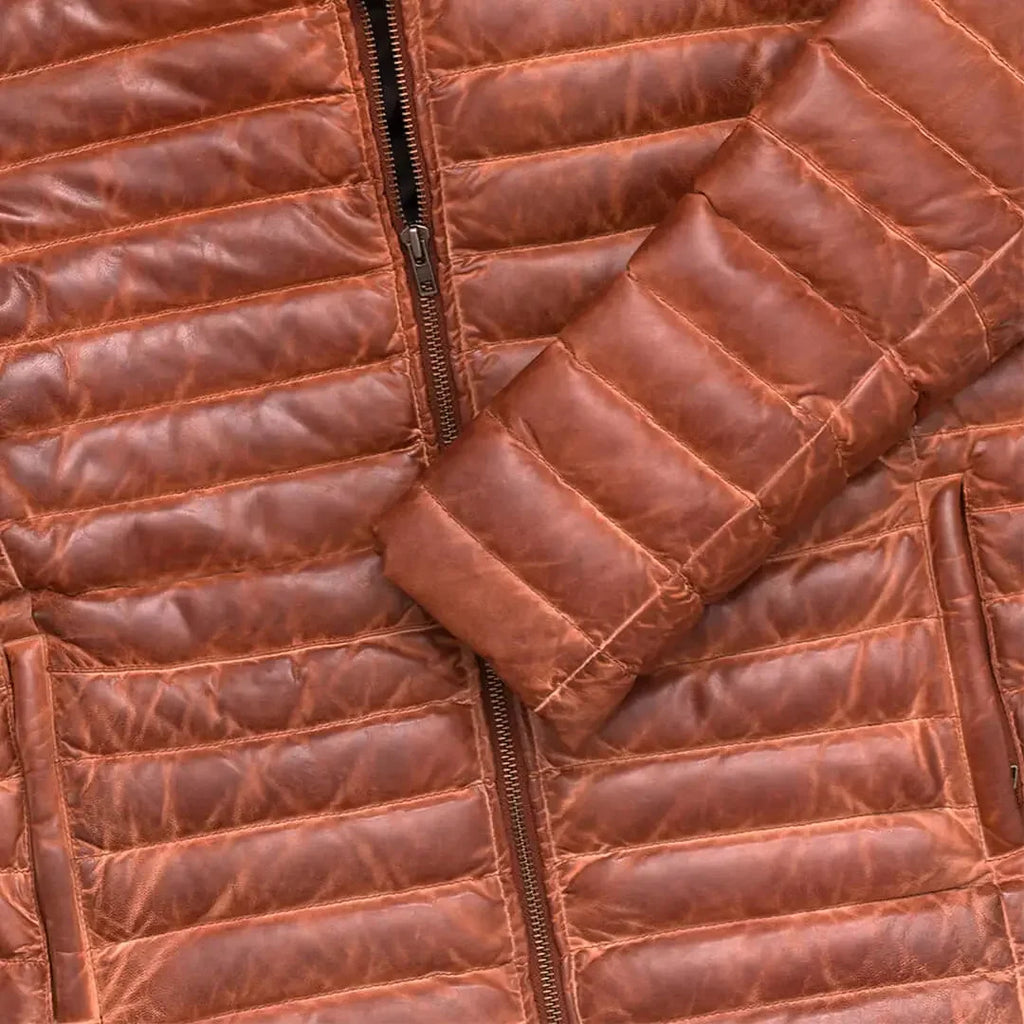 Men's Real Lambskin Brown Puffer Leather Jacket
