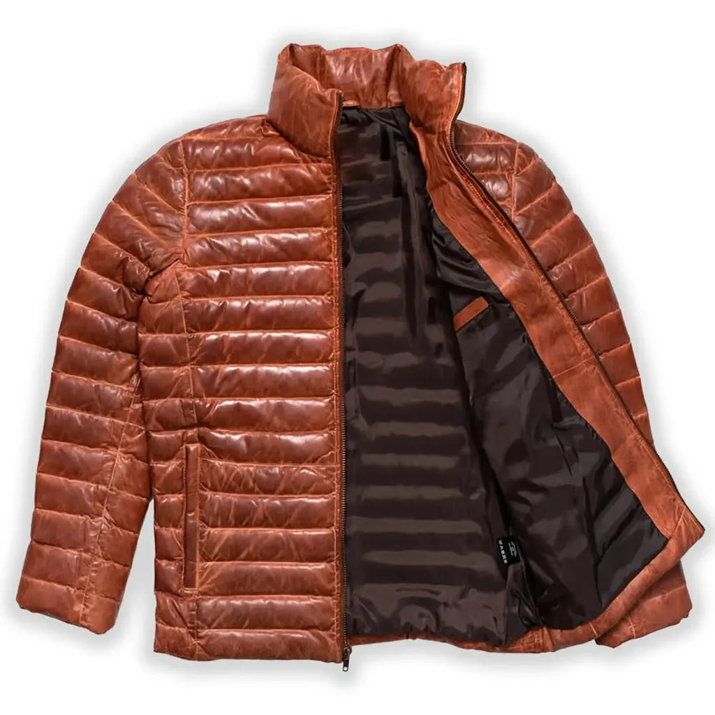 Men's Real Lambskin Brown Puffer Leather Jacket