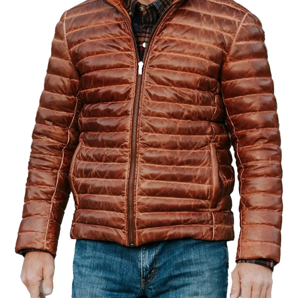 Men's Real Lambskin Brown Puffer Leather Jacket