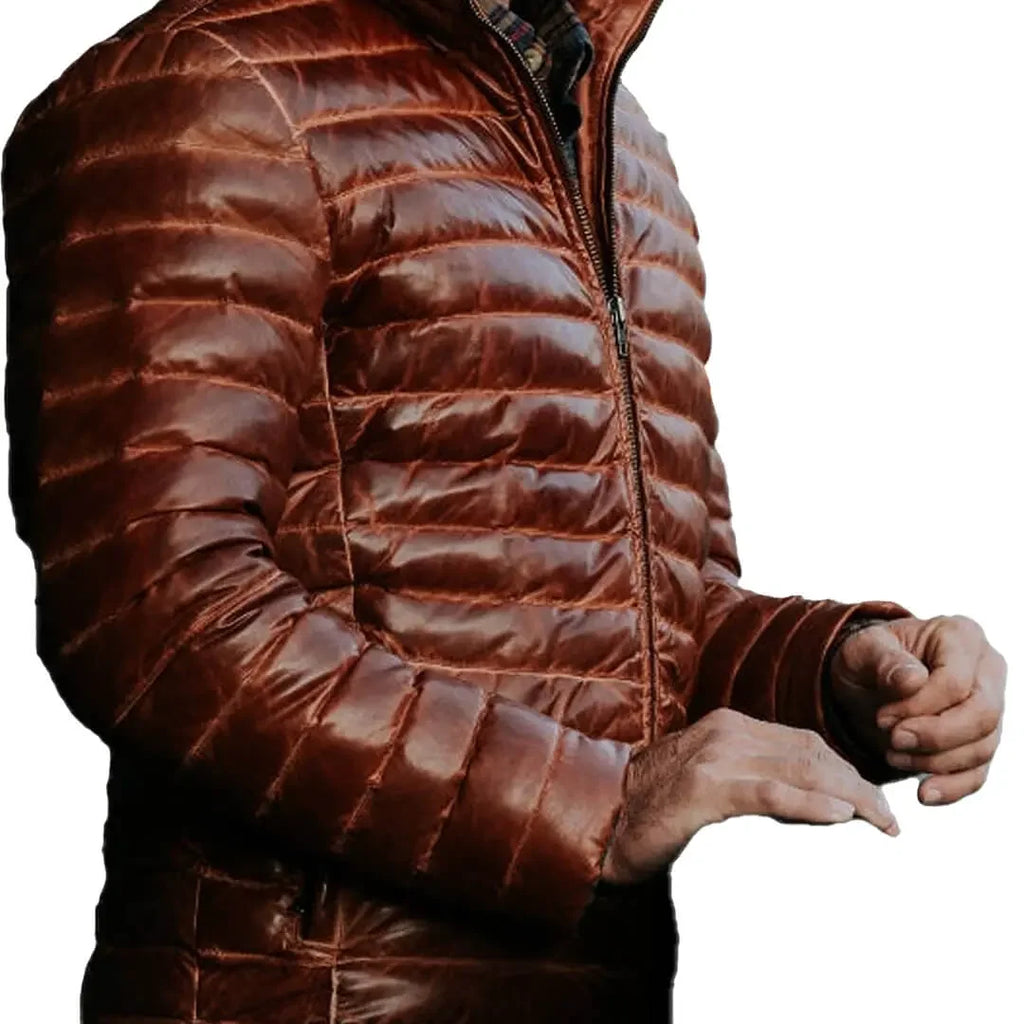 Men's Real Lambskin Brown Puffer Leather Jacket
