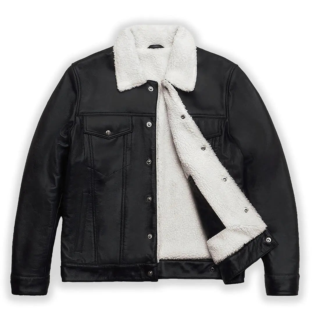 Men's Shearling Leather Jacket in Black & White