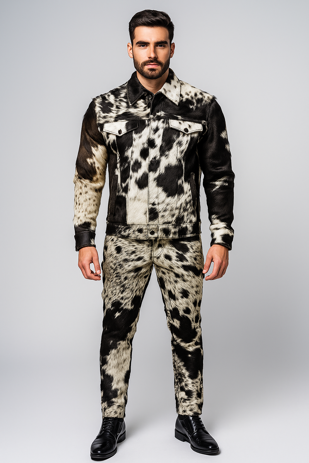 “Men’s cow print fur jacket and pants set – front view on male model in studio photoshoot, western style winter outfit for men.”
