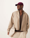 Model wearing beige original leather Harrington jacket with oversized fit – Cowskin Jackets