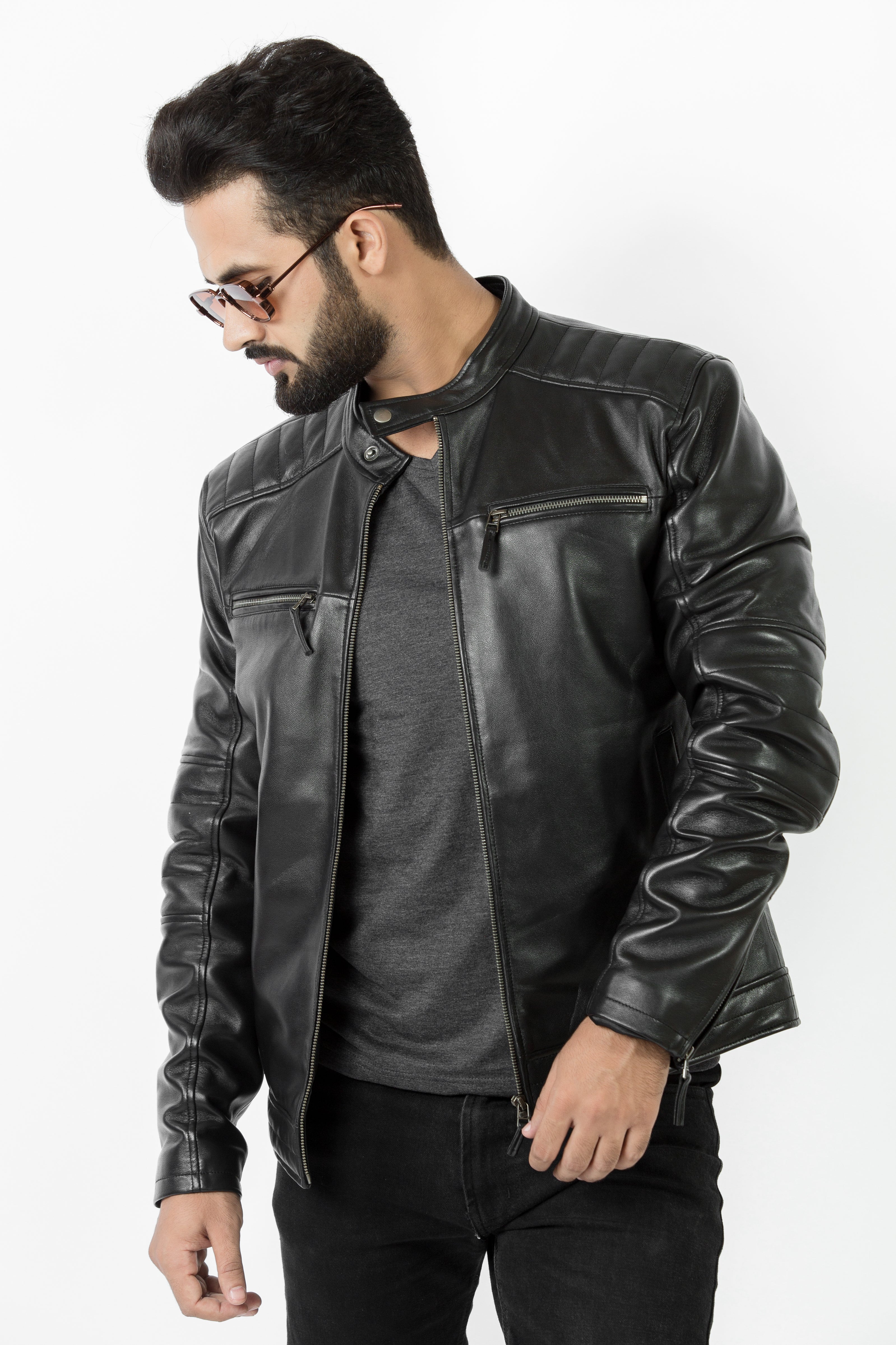 Stylish black leather jacket for men, ideal Valentine's gift, with a sleek design for essential modern outerwear.