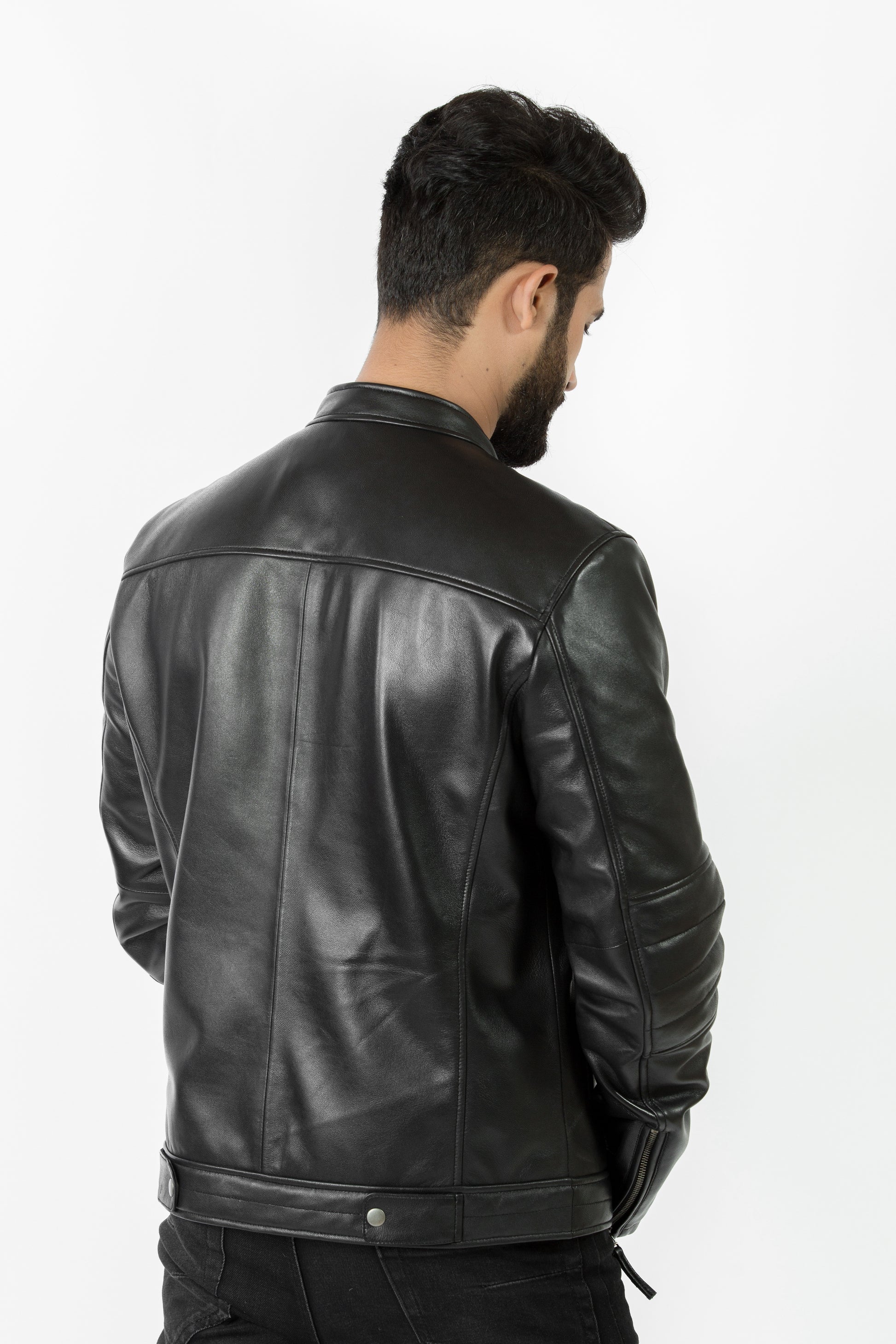 Stylish black leather jacket for men, ideal Valentine's gift, with a sleek design for essential modern outerwear.