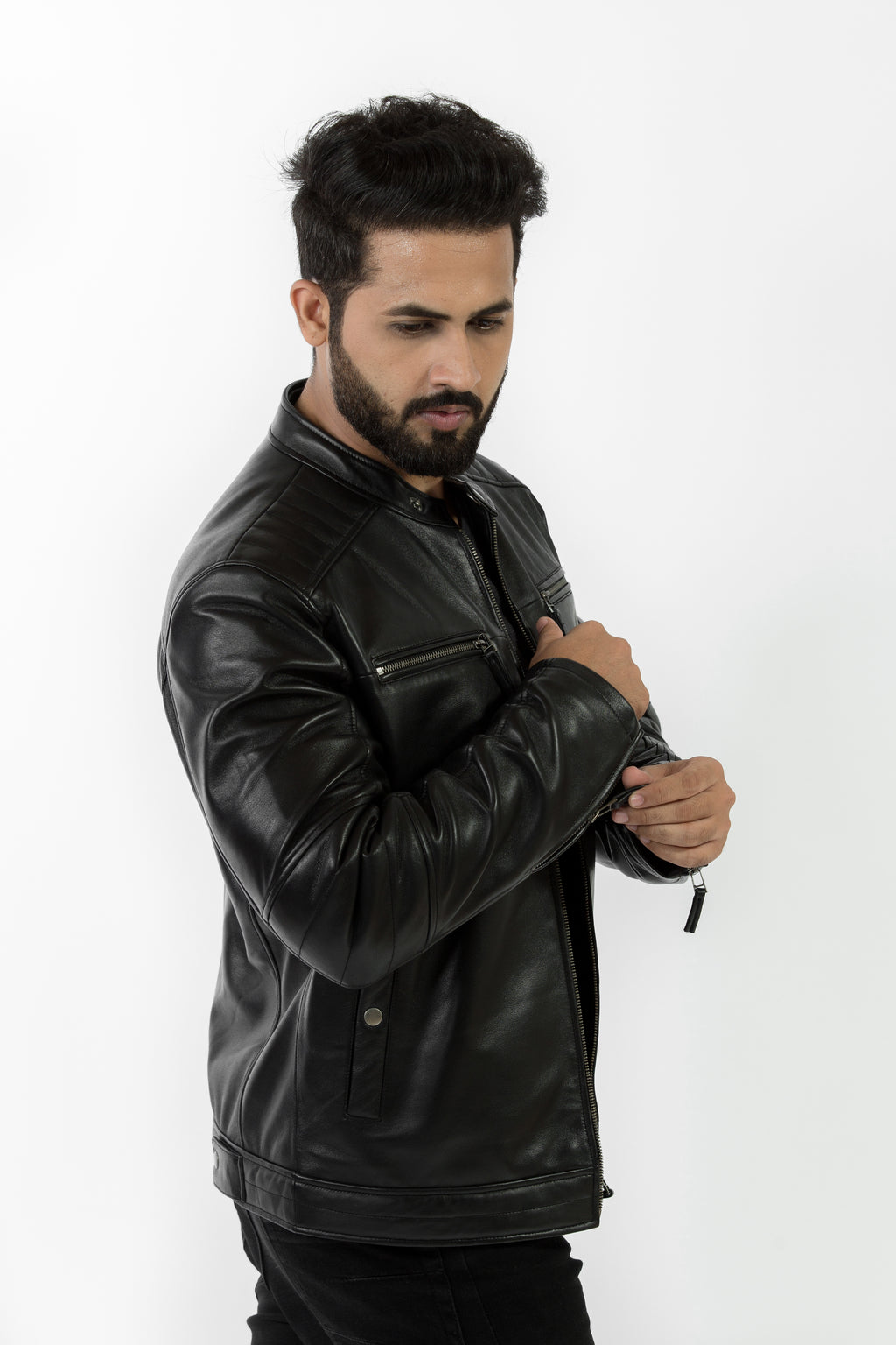 Stylish black leather jacket for men, ideal Valentine's gift, with a sleek design for essential modern outerwear.
