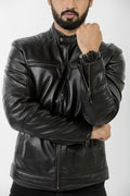 Stylish black leather jacket for men, ideal Valentine's gift, with a sleek design for essential modern outerwear.