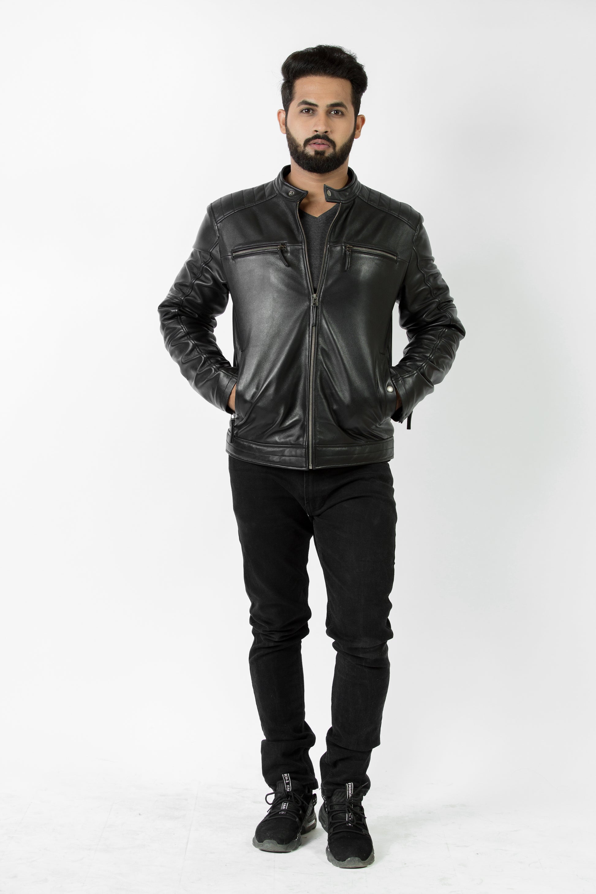 Stylish black leather jacket for men, ideal Valentine's gift, with a sleek design for essential modern outerwear.