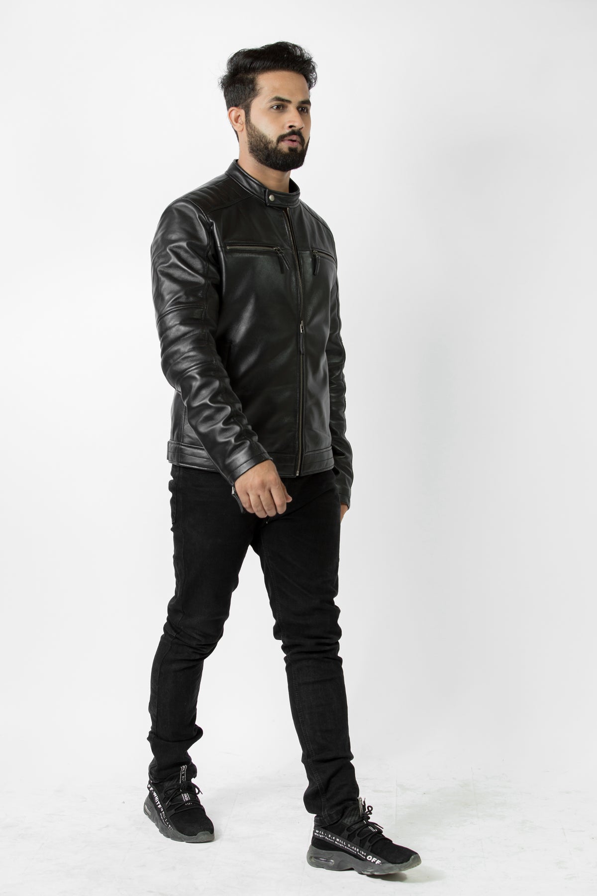 Stylish black leather jacket for men, ideal Valentine's gift, with a sleek design for essential modern outerwear.