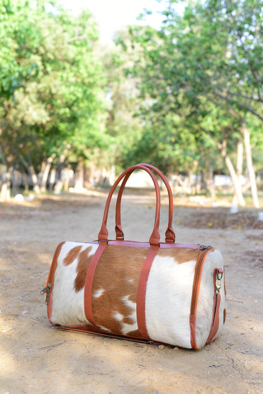 Genuine Cowhide Brown & White Leather Duffel Bag