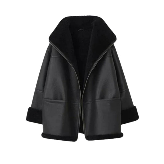 Real Lamb Skin Jacket Women's Black Oversized Shearling Genuine Leather Winter Bomber Coat