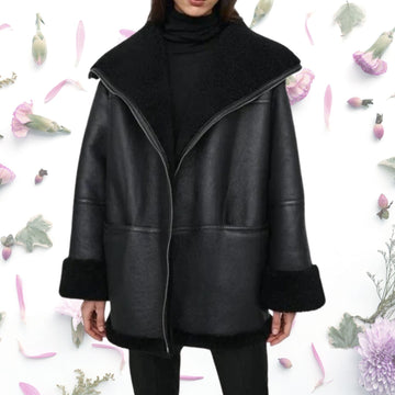 Real Lamb Skin Jacket Women's Black Oversized Shearling Genuine Leather Winter Bomber Coat Thejacketmakerss