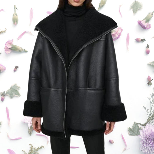 Real Lamb Skin Jacket Women's Black Oversized Shearling Genuine Leather Winter Bomber Coat