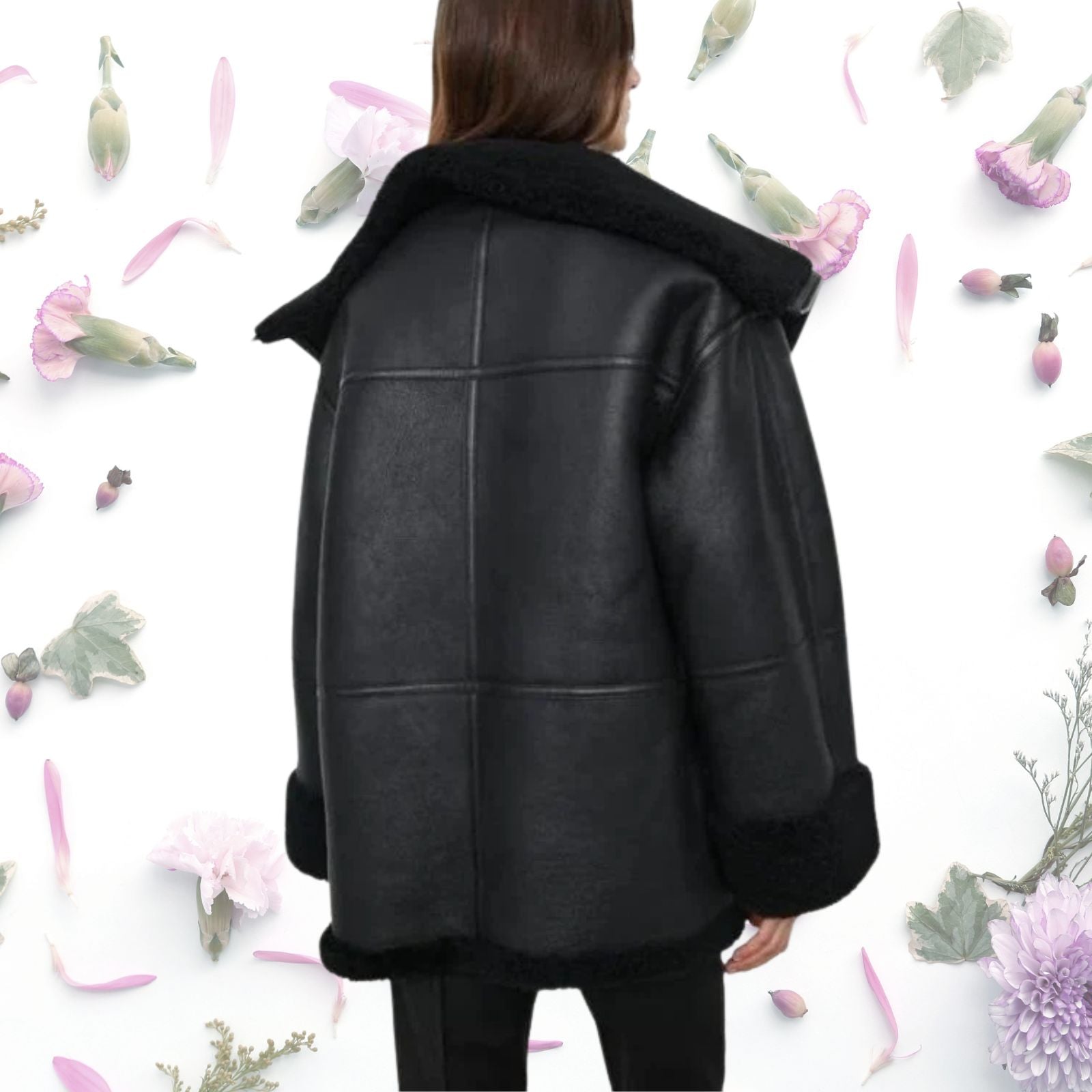 Real Lamb Skin Jacket Women's Black Oversized Shearling Genuine Leather Winter Bomber Coat Thejacketmakerss