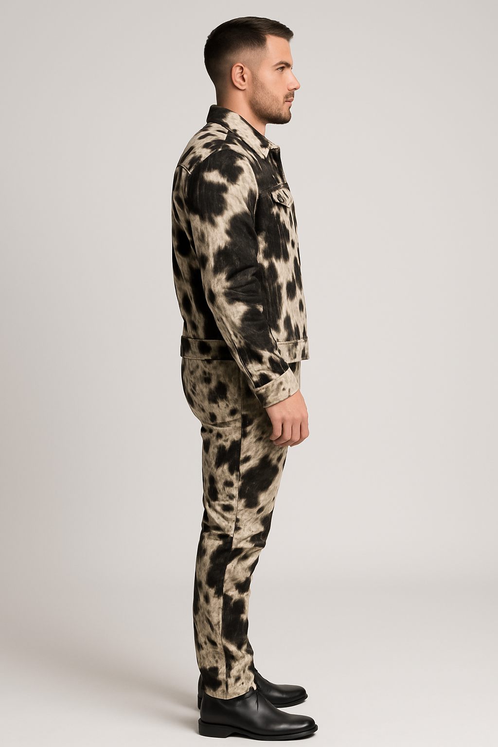 “Side profile of male model wearing cow print fur jacket and pants – stylish western-inspired men’s fashion set in professional studio lighting.”