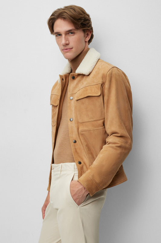 Camel Suede Leather Jacket for Men Boa Collar