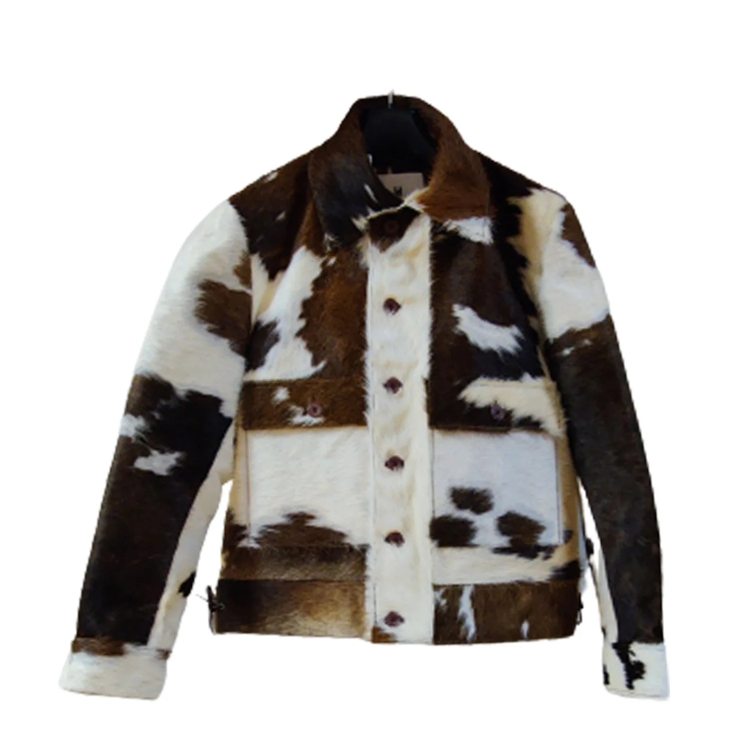 Handmade pony skin leather jacket featuring a distinctive cow print pattern, showcasing a blend of unique animal textures.