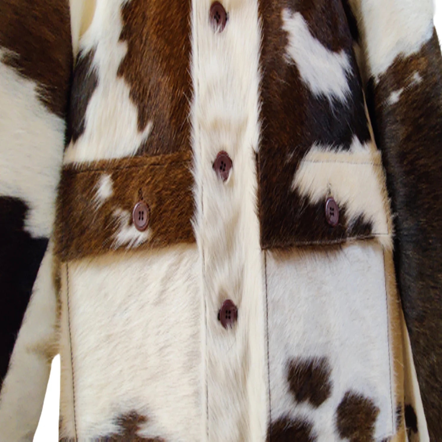 Handmade pony skin leather jacket featuring a distinctive cow print pattern, showcasing a blend of unique animal textures.