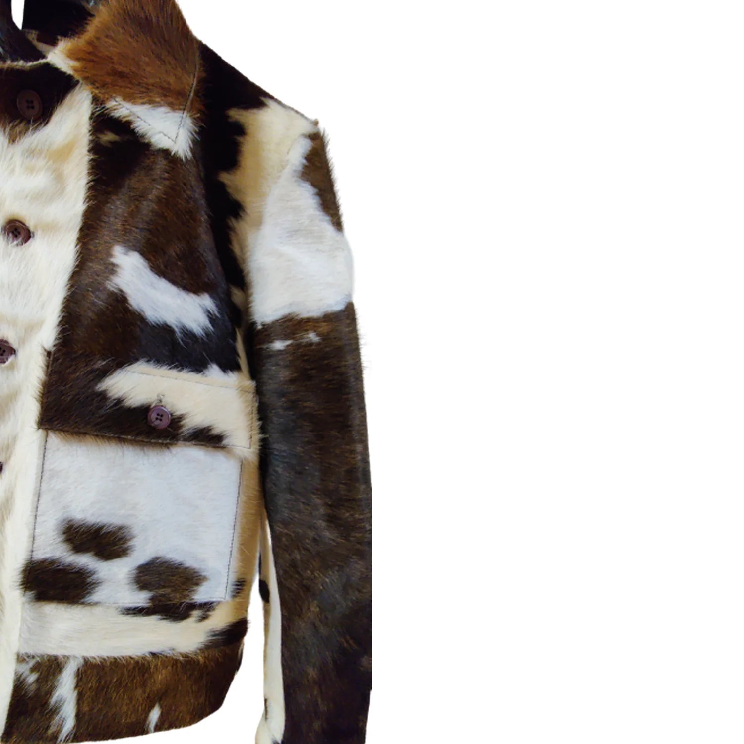 Chic cowhide leather jacket with pony skin animal print for urban style.