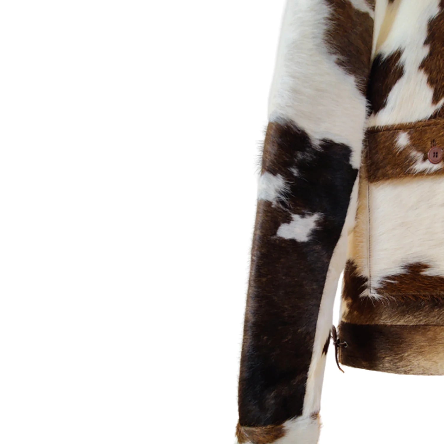 Handmade pony skin leather jacket featuring a distinctive cow print pattern, showcasing a blend of unique animal textures.