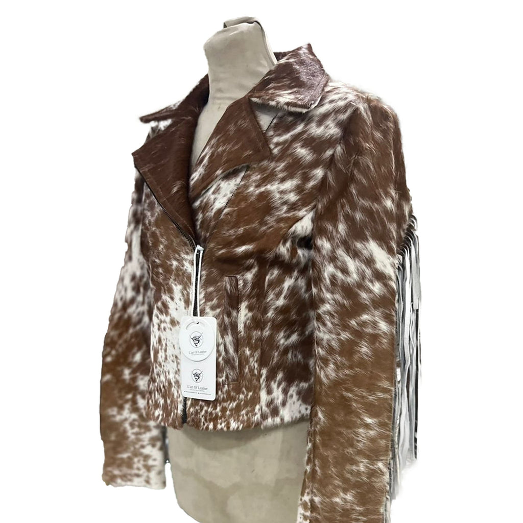 Brown Pony Hair Cowhide Fringe Leather Jacket For Women