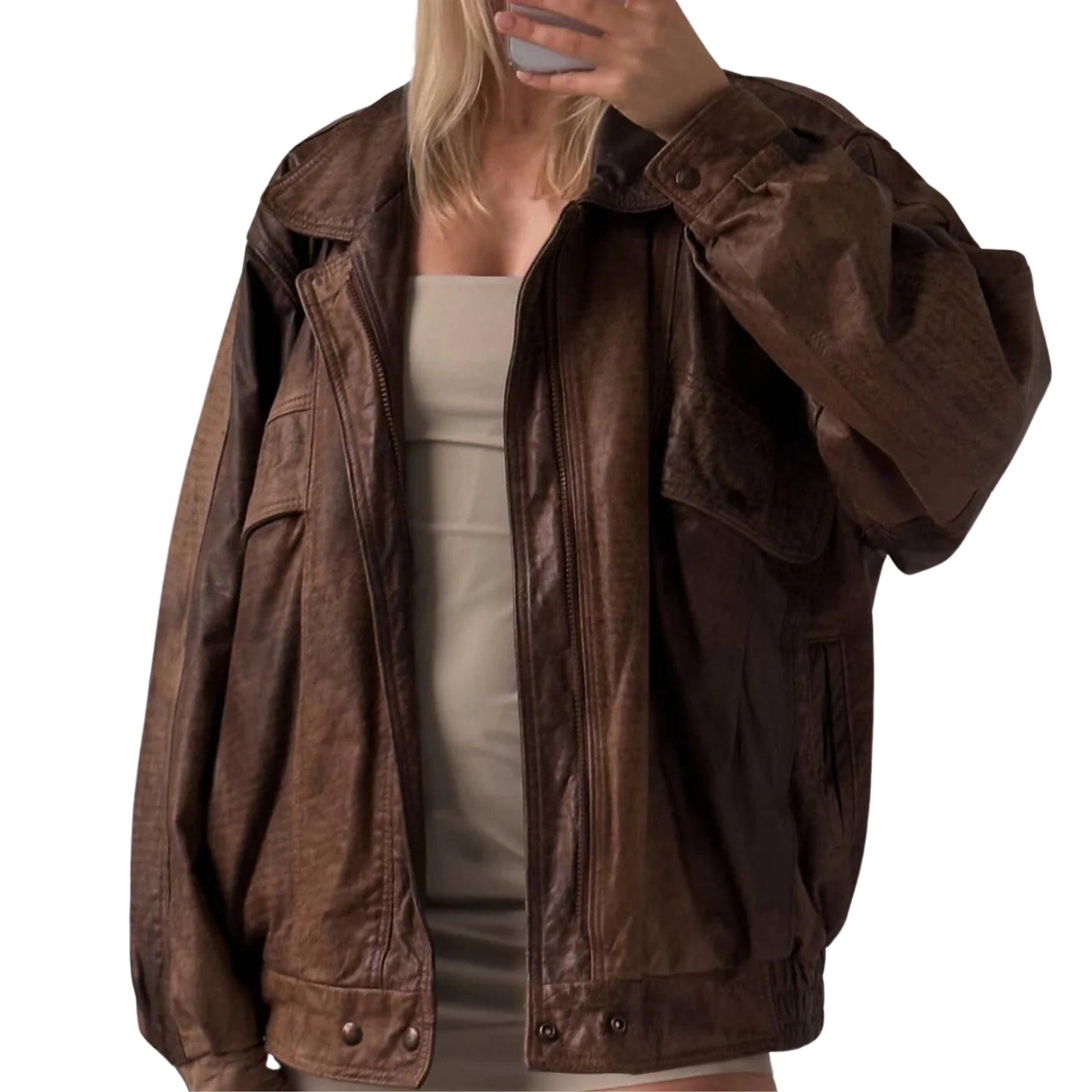 Oversized Leather Jacket Women Real Lambskin Distressed Brown Coat Bomber Jacket The Jacket Makerss