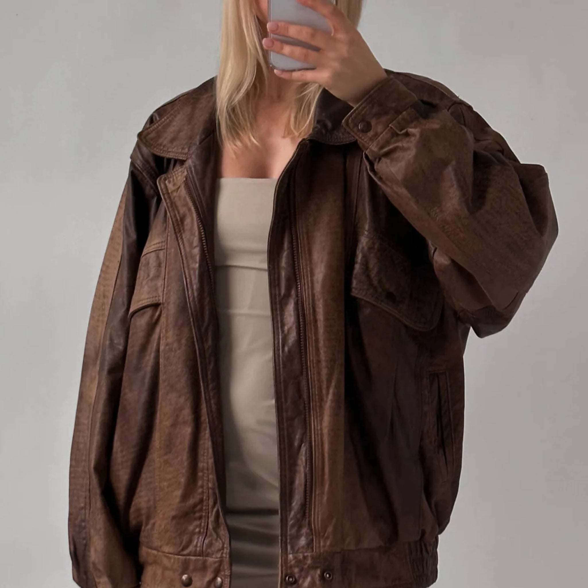 Oversized Leather Jacket Women Real Lambskin Distressed Brown Coat Bomber Jacket The Jacket Makerss