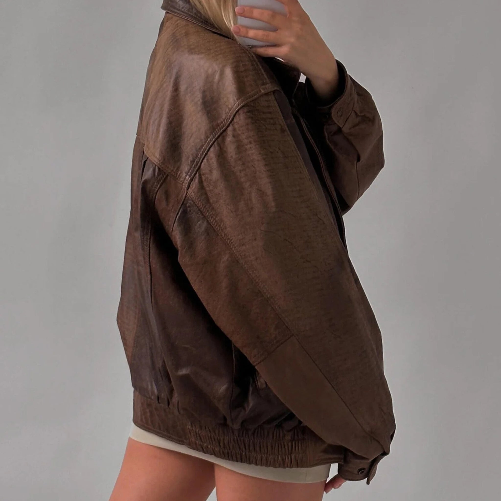 Oversized Leather Jacket Women Real Lambskin Distressed Brown Coat Bomber Jacket The Jacket Makerss