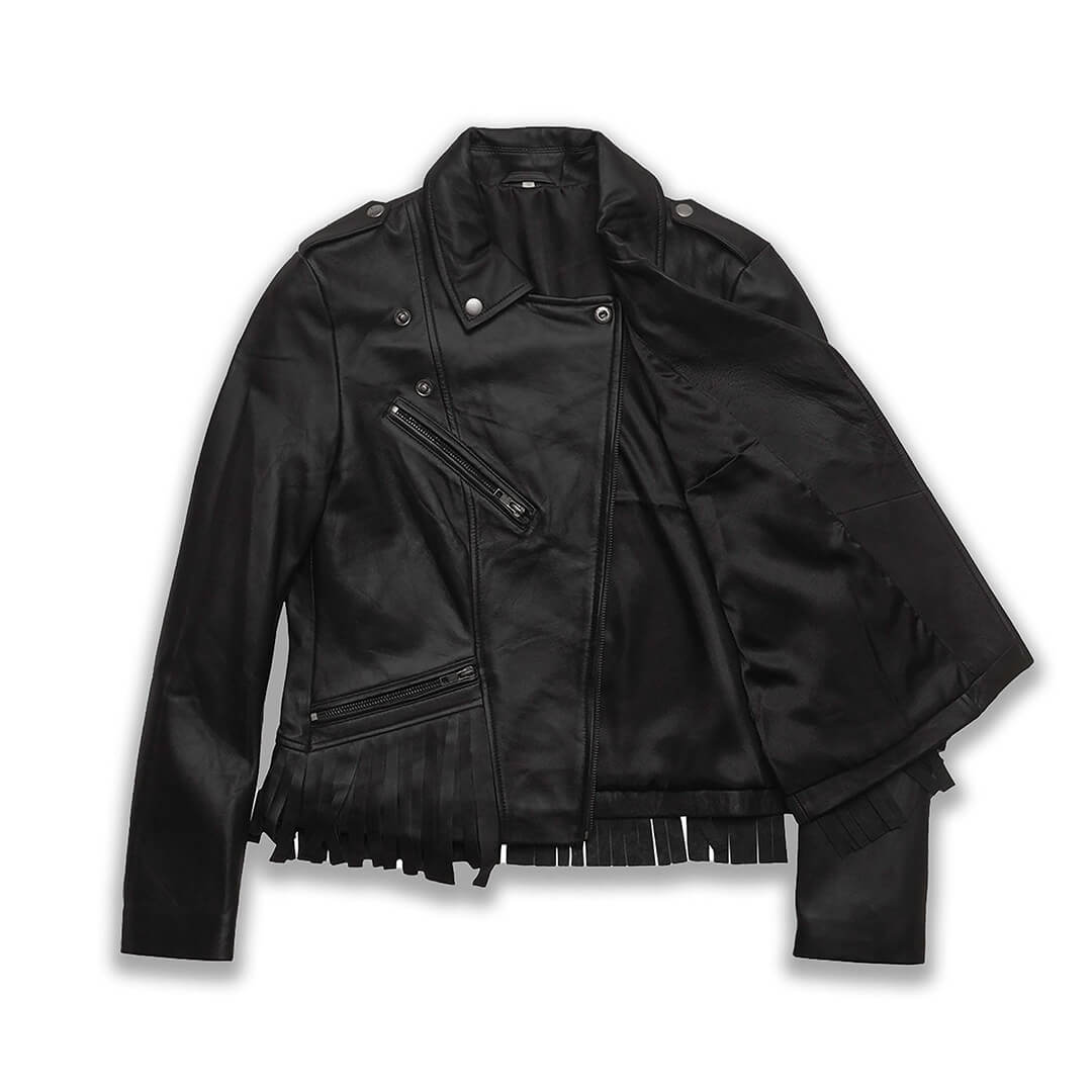 Stylish women's slim-fit genuine leather jacket, ideal for casual or biker fashion - a unique, fashionable gift for her.