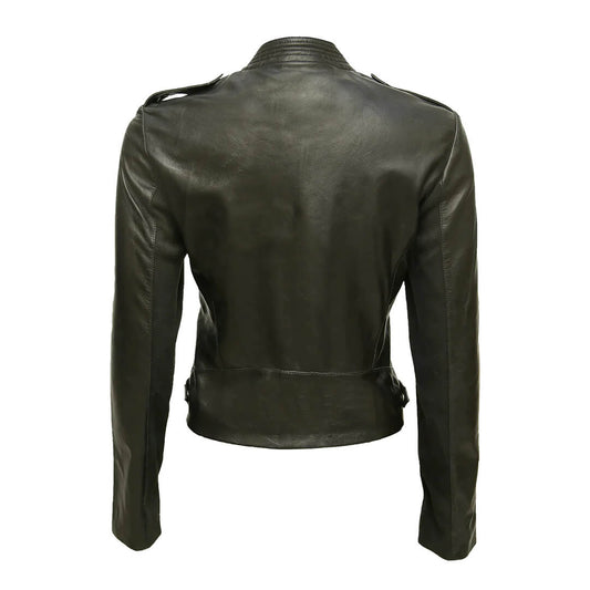 Women's Biker Double-Zip Regular-Fit Dark Black Leather Jacket