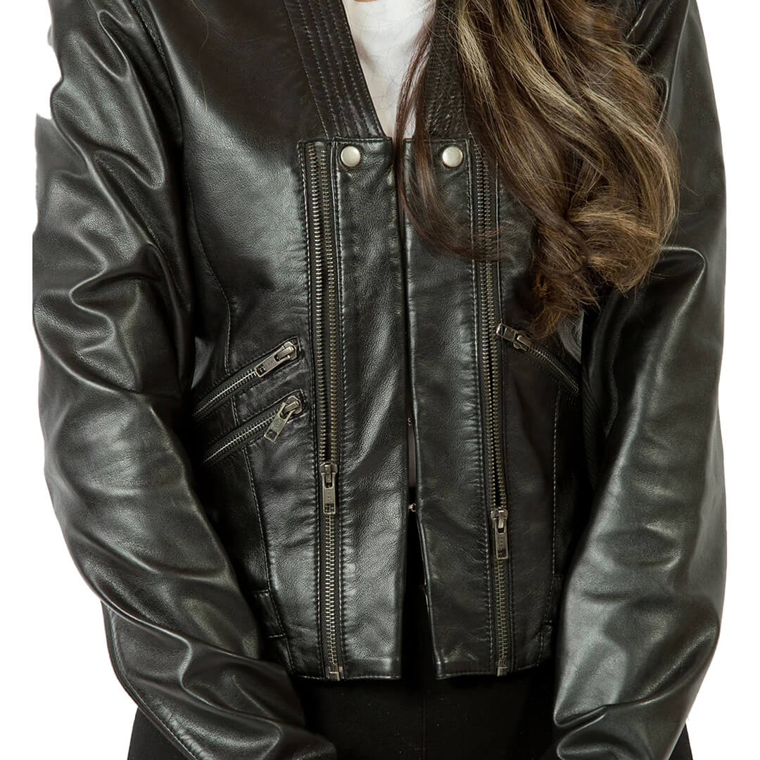 Womens Casual and Biker Double Zip Regular Fit Dark Black Leather Jacket