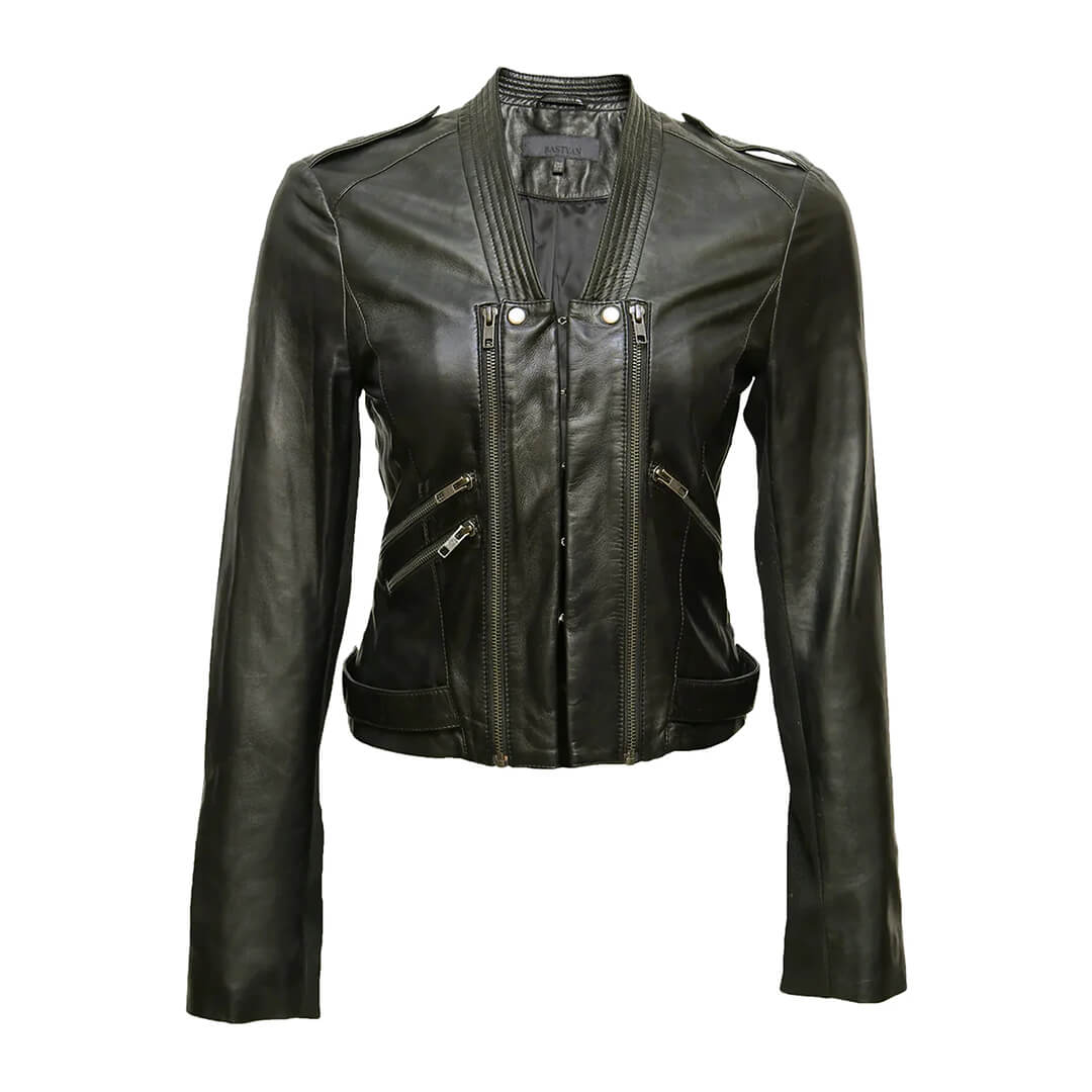 Womens Casual and Biker Double Zip Regular Fit Dark Black Leather Jacket