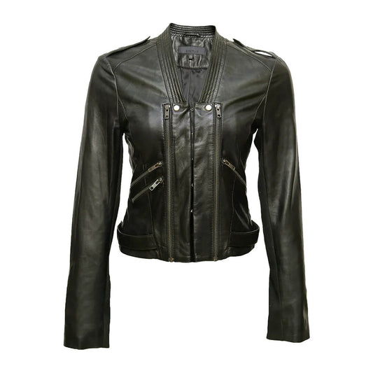 Women's Biker Double-Zip Regular-Fit Dark Black Leather Jacket