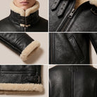 Heavy-duty front zip and welt pocket on black B-3 aviator jacket