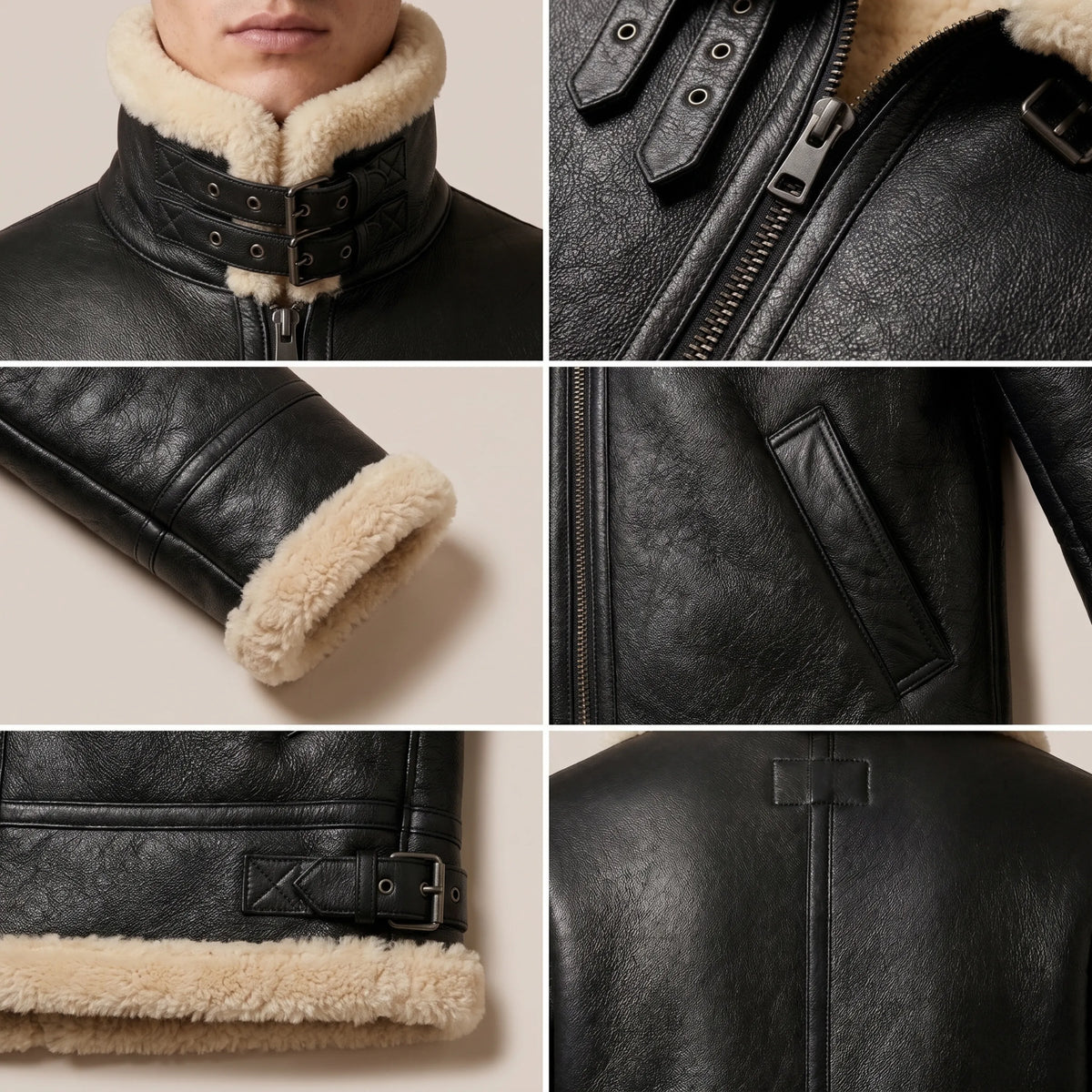 Heavy-duty front zip and welt pocket on black B-3 aviator jacket