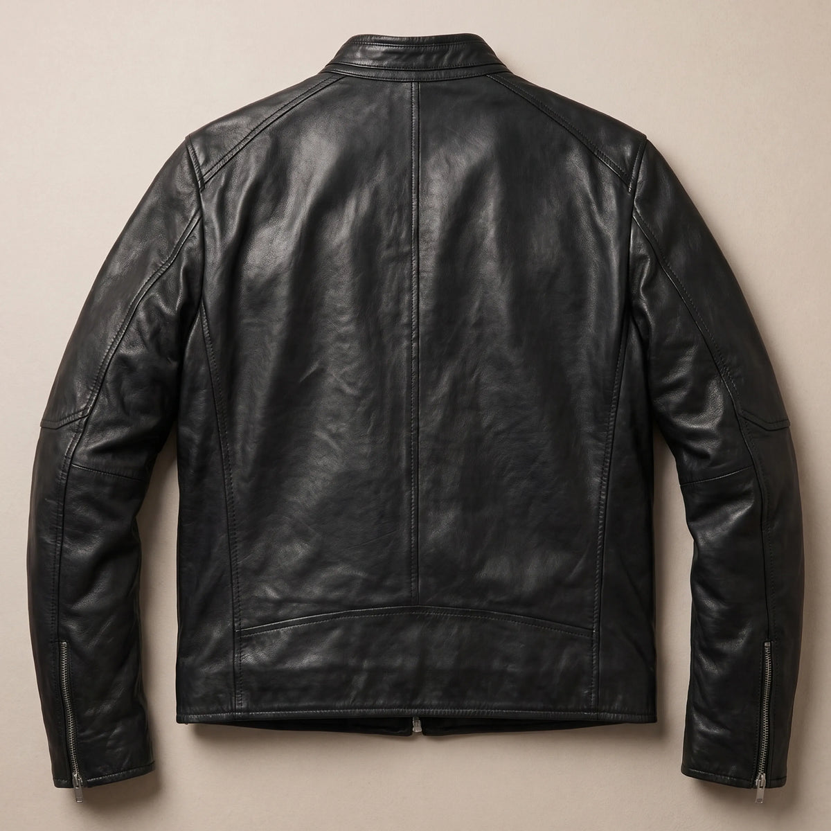 Recycled lining and interior slip pockets inside black leather jacket