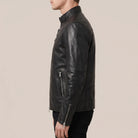 Side zip pocket on jet black cowhide leather jacket