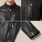 Close-up of snap collar and metal hardware on black leather jacket