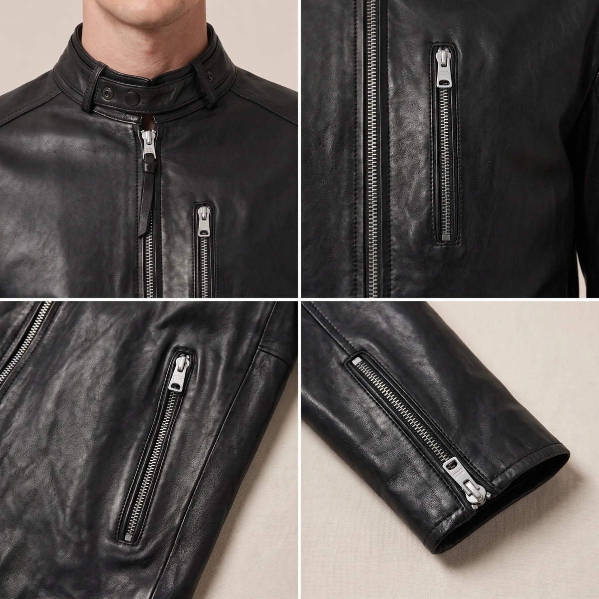 Close-up of snap collar and metal hardware on black leather jacket