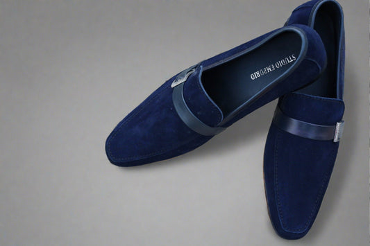 Velvet Leather Black and Deep Blue Loafers with Metal Buckle Preppy Genuine Leather Slip-Ons