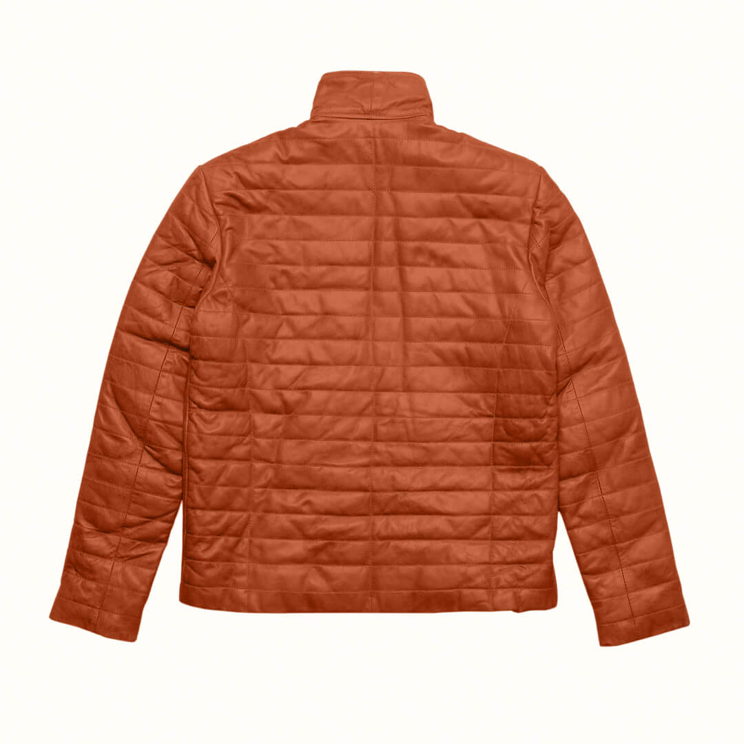 Vintage-style distressed brown puffer leather jacket, ideal for cozy winter wear, showcasing a classic and warm design.