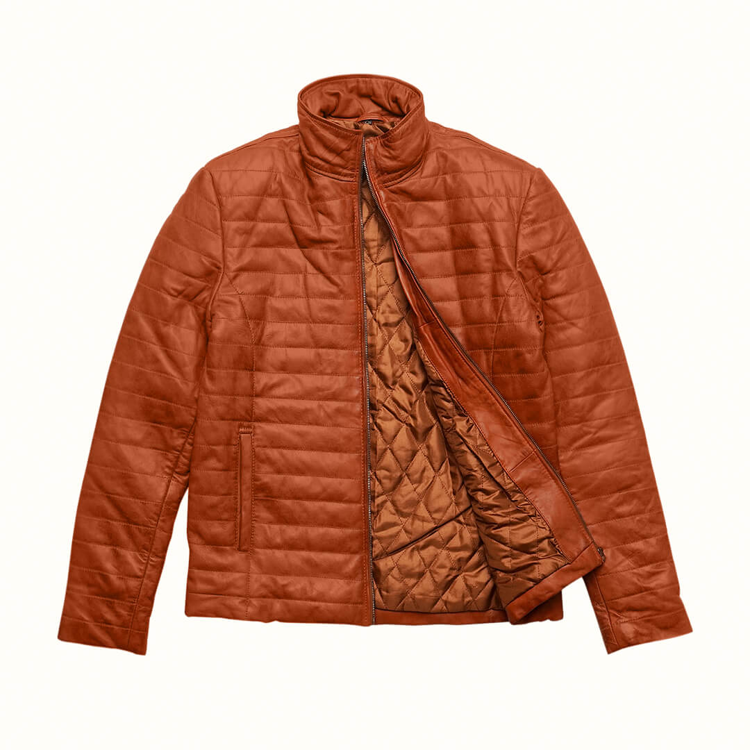 Vintage-style distressed brown puffer leather jacket, ideal for cozy winter wear, showcasing a classic and warm design.