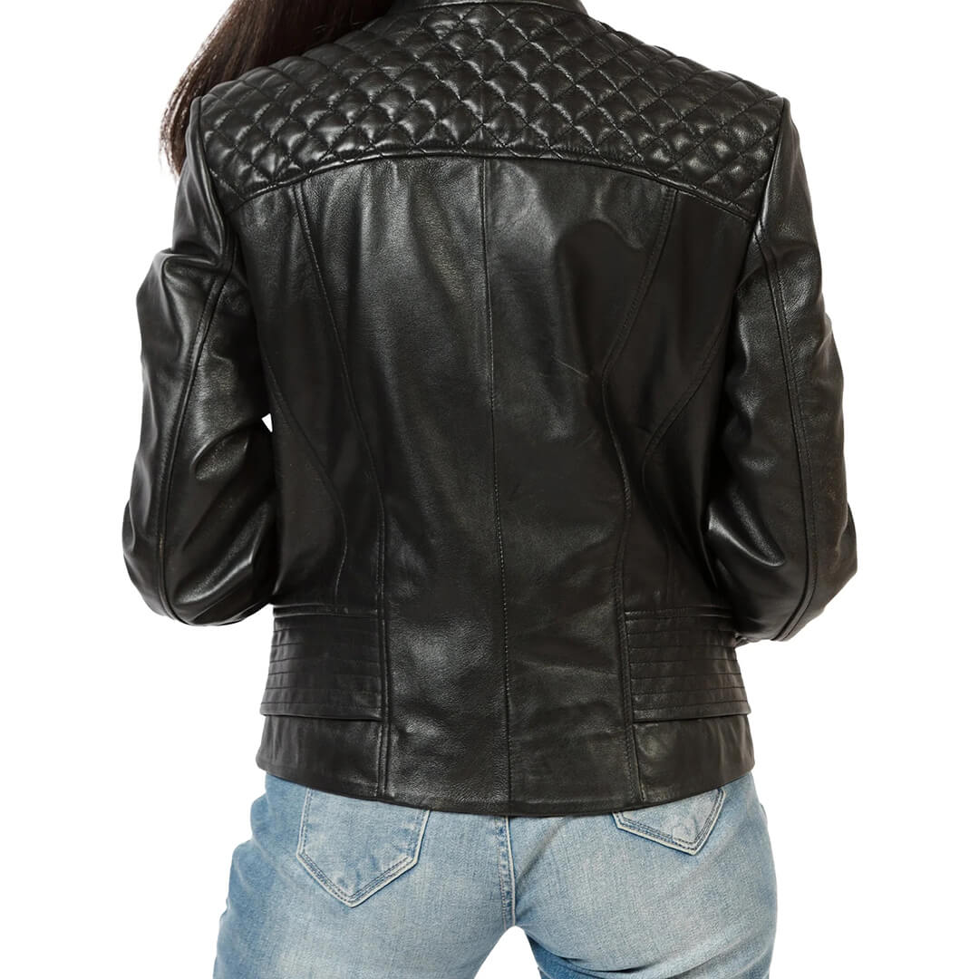 Camilla Black Quilted Racer Leather Moto Jacket with Stylish 3-Zipper Pocket Design for Women